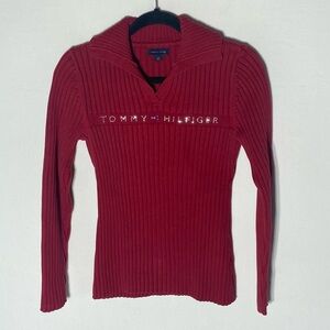 Vintage Y2K Tommy Hilfiger Red Ribbed Knit V Neck Fitted Sweater W Gem Logo S